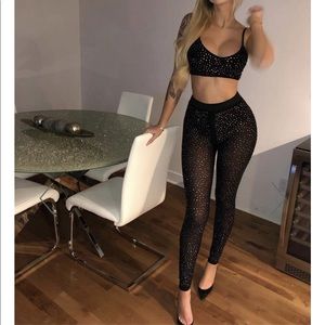 BLACK IRIDESCENT RHINESTONE HIGH WASTED TWO PIECE